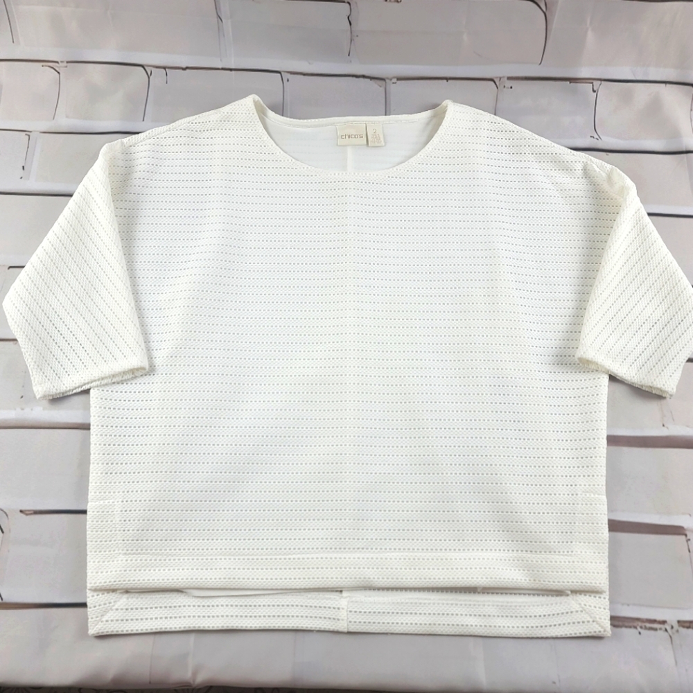 Chico's 2/Lg Mesh Lined Dolman Sleeve Top  Blouse White Boxy